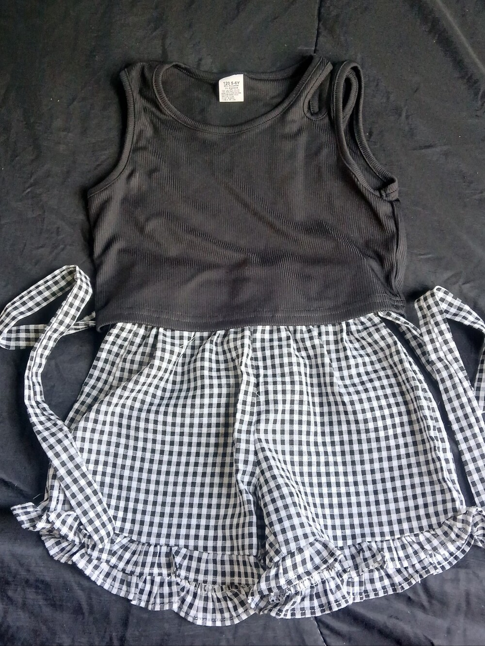 Girls Black Tank Top with Black & White Gingham Shorts 5-6Y